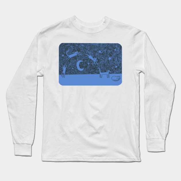 Blue Cat Jumps Over The Moon (to take a nap) Long Sleeve T-Shirt by waddleworks